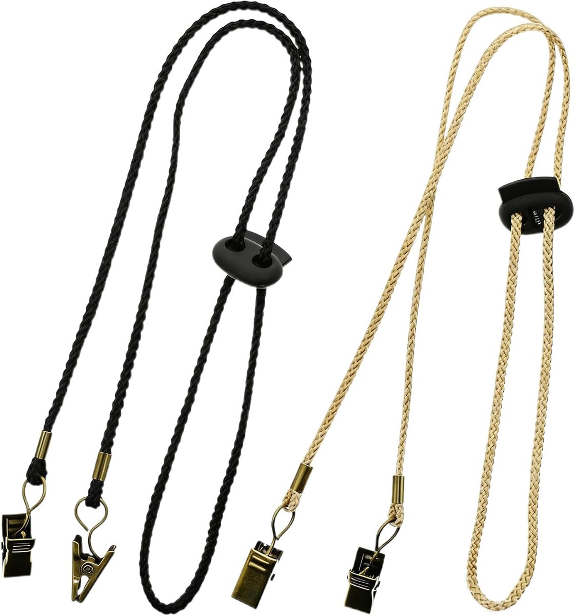 SnelShoppen - 2 stuks servettenhouders, slabbetjesketting 75 cm met klemmen, servetketting voor volwassenen, kinderen, senioren, zwart en beige