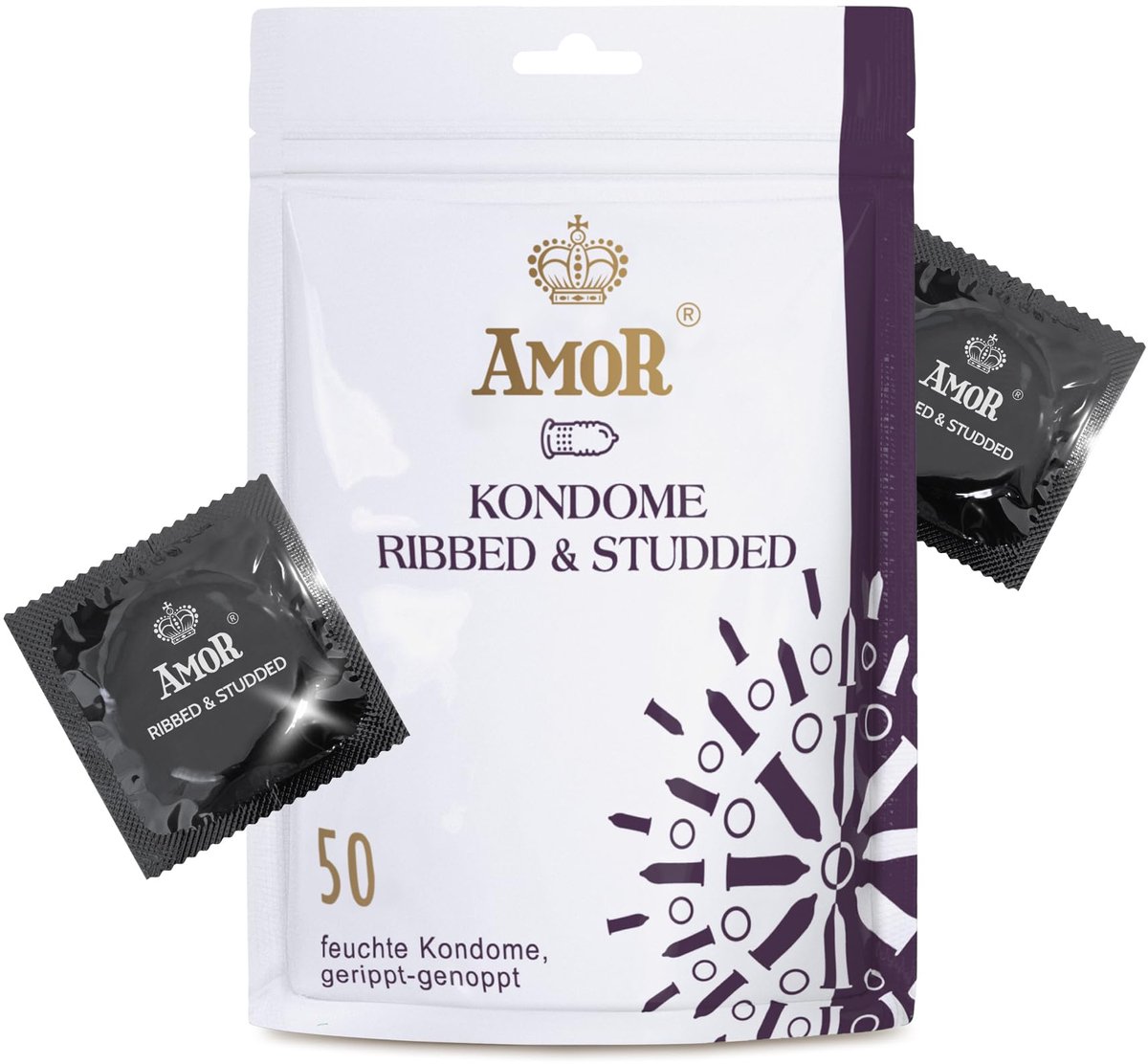 AMOR Premium Condooms, Geribbeld-Genopt, Met extra dunne, Ø 54 mm, Transparant, 50 stuks