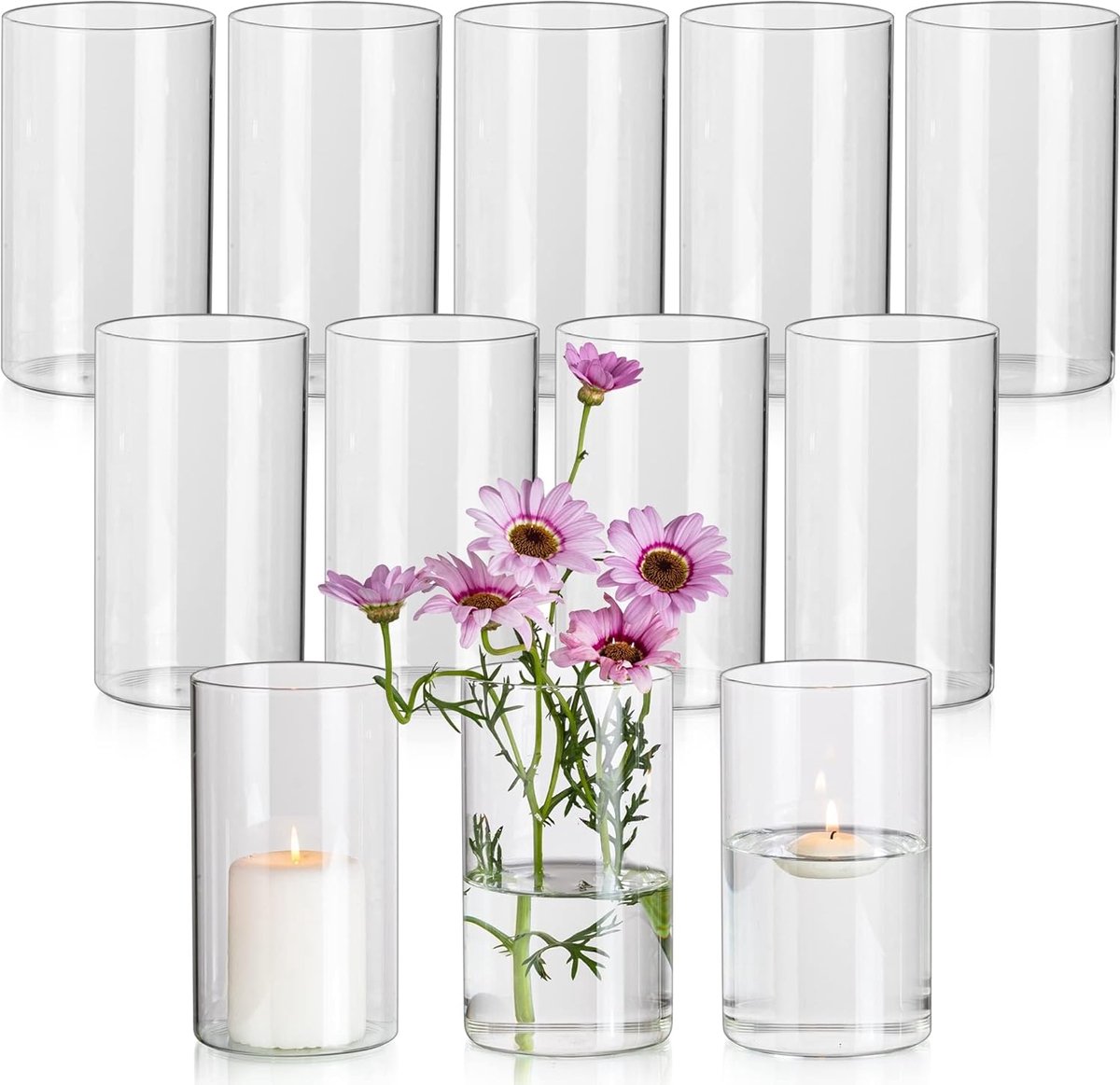 SnelShoppen - Set van 12 Glazen Vazen voor Bloemen, Moderne Cilindervazen 15 x 8,5 cm, Decoratieve Hurrikan Vazen voor Tafeldecoratie en Bruiloften