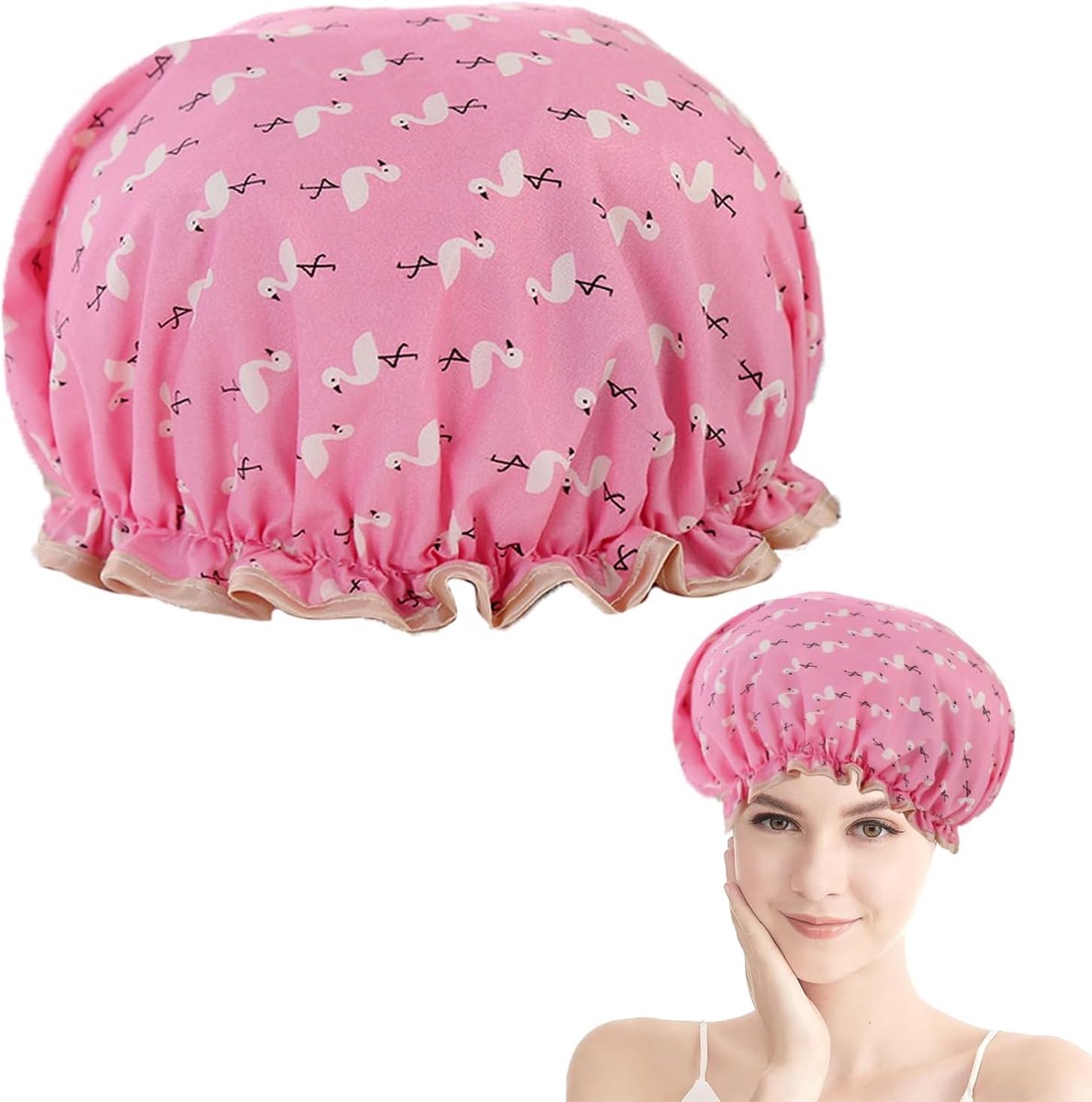 SnelShoppen - Dubbele Laag Douchkap voor Vrouwen, Waterdicht, Herbruikbaar, Elastische Band, Golfrand voor Lang, Kort en Krullend Haar (Roze Vogel)