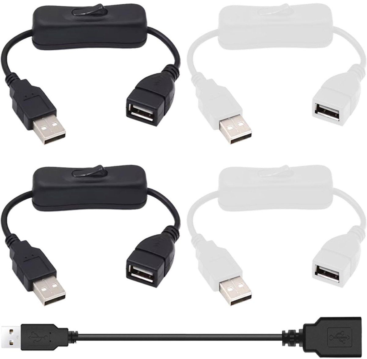SnelShoppen - 4 Stuks USB 2.0 Male naar Female Kabel met Aan/Uit Schakelaar, 30 cm Lang, Zwart en Wit USB Inline Rocker Schakelaar voor Dashcam, USB V