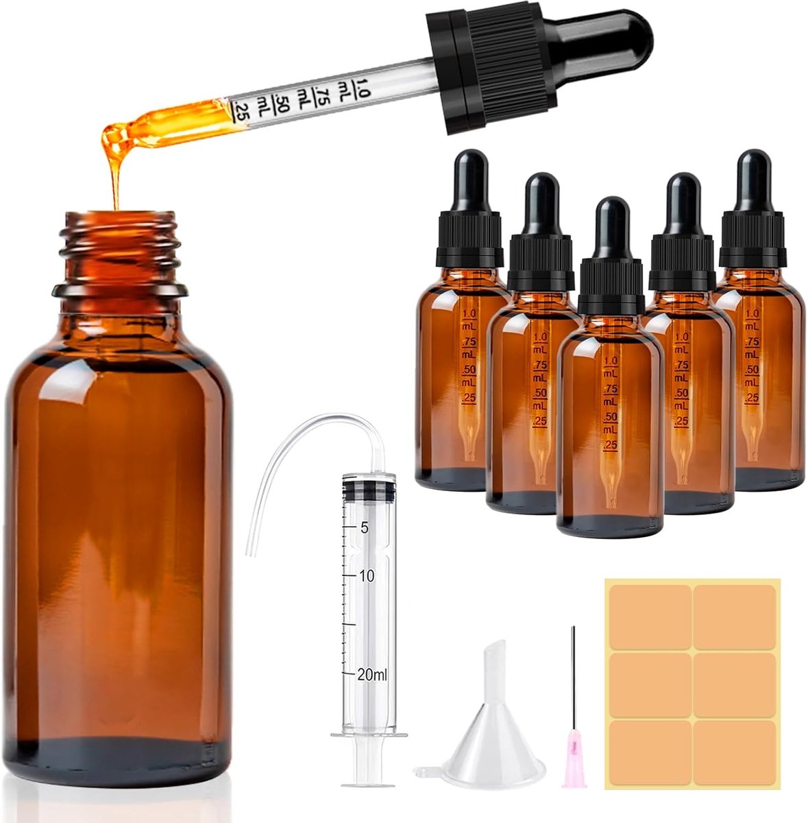 SnelShoppen - 5 stuks 30ml Glazen Pipetflessen, Amber Herbruikbare Glazen Flessen met Pipet, Bruine Druppelflessen voor Essentiële Oliën met Trechter
