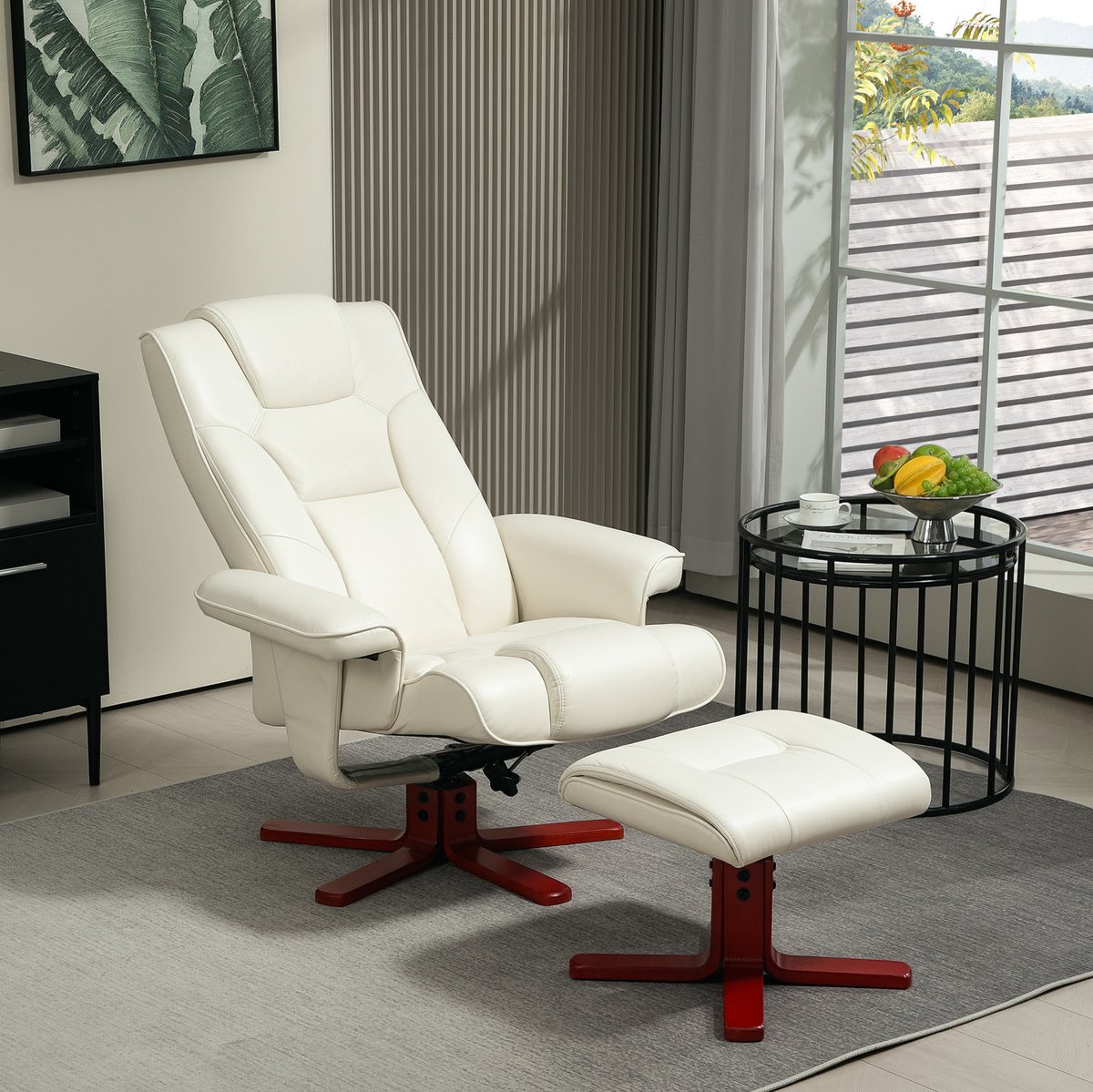 COVREO Relaxfauteuil 84x84x104 cm crèmewit, kunstleer met hocker