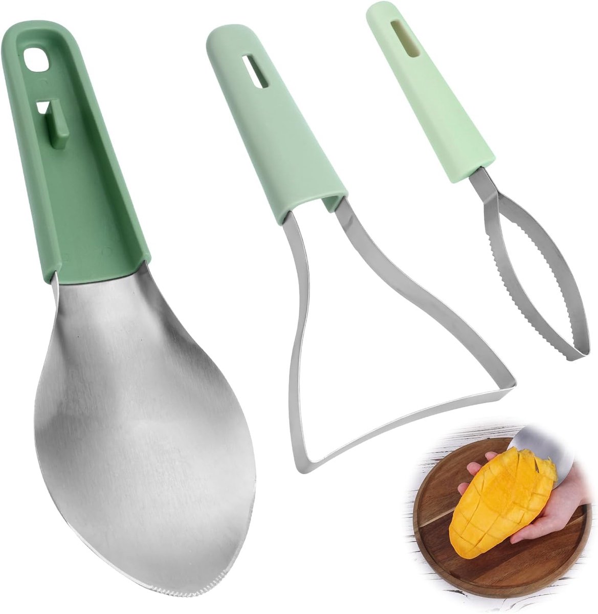 SnelShoppen - 3-in-1 Mango Cutter Tool - RVS Multifunctionele Fruitsnijder, Mango Schiller, Pitverwijderaar voor Watermeloen, Drakenfruit, Papaja, Avo