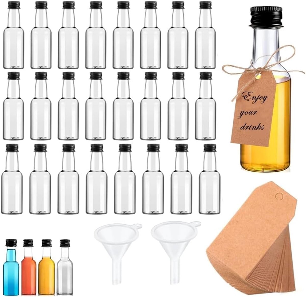 SnelShoppen - Set van 24 kleine 50 ml likeurflessen met zwarte schroefdop, 2 kleine trechtertjes, ideaal voor vullen en bewaren