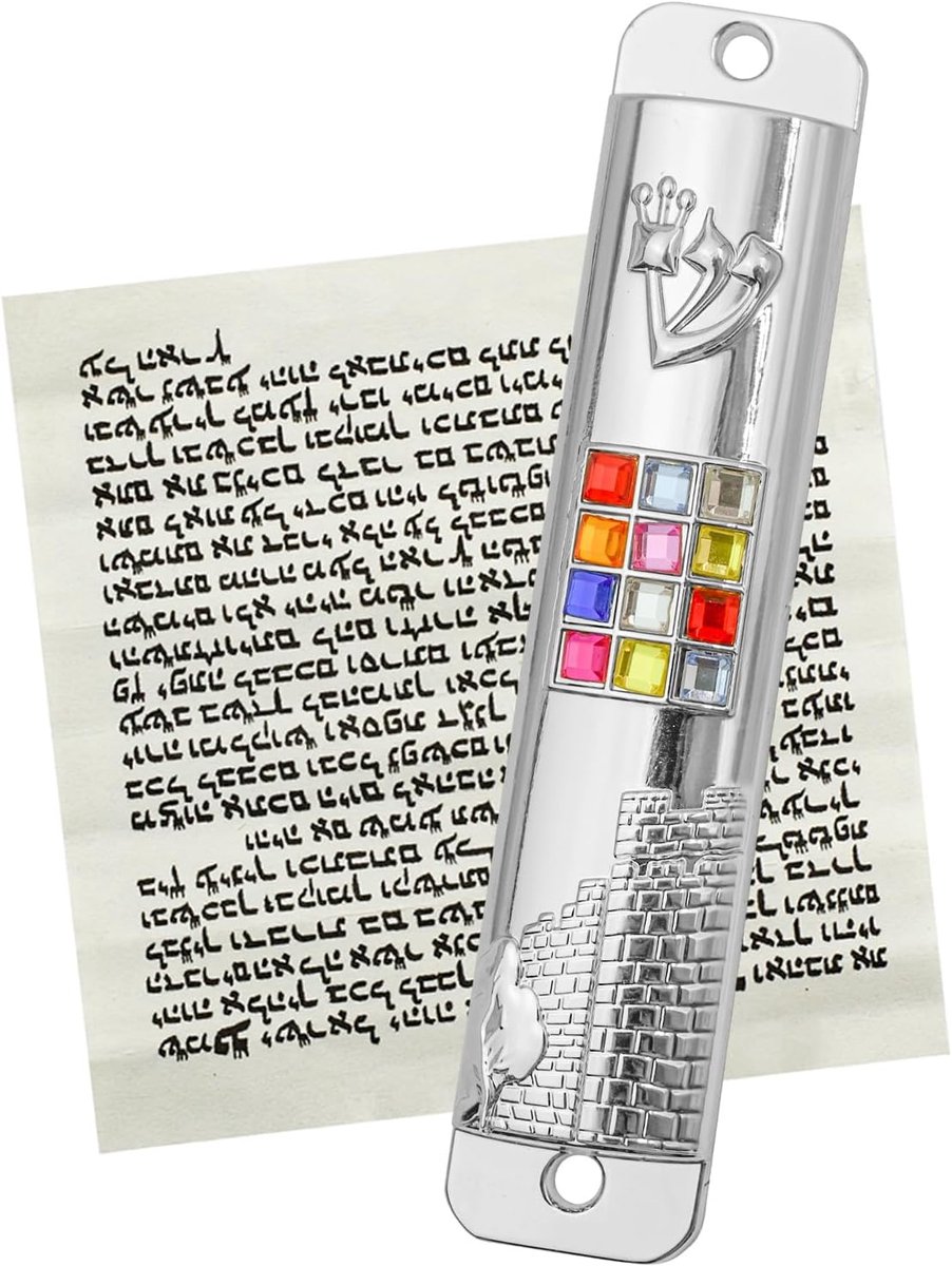 Mezuzah with Roll for Door, Metal Mezuzah Case with 12 Tribes of Israel Hoshen Stones for Hebrew House Blessing - ShopVlot
