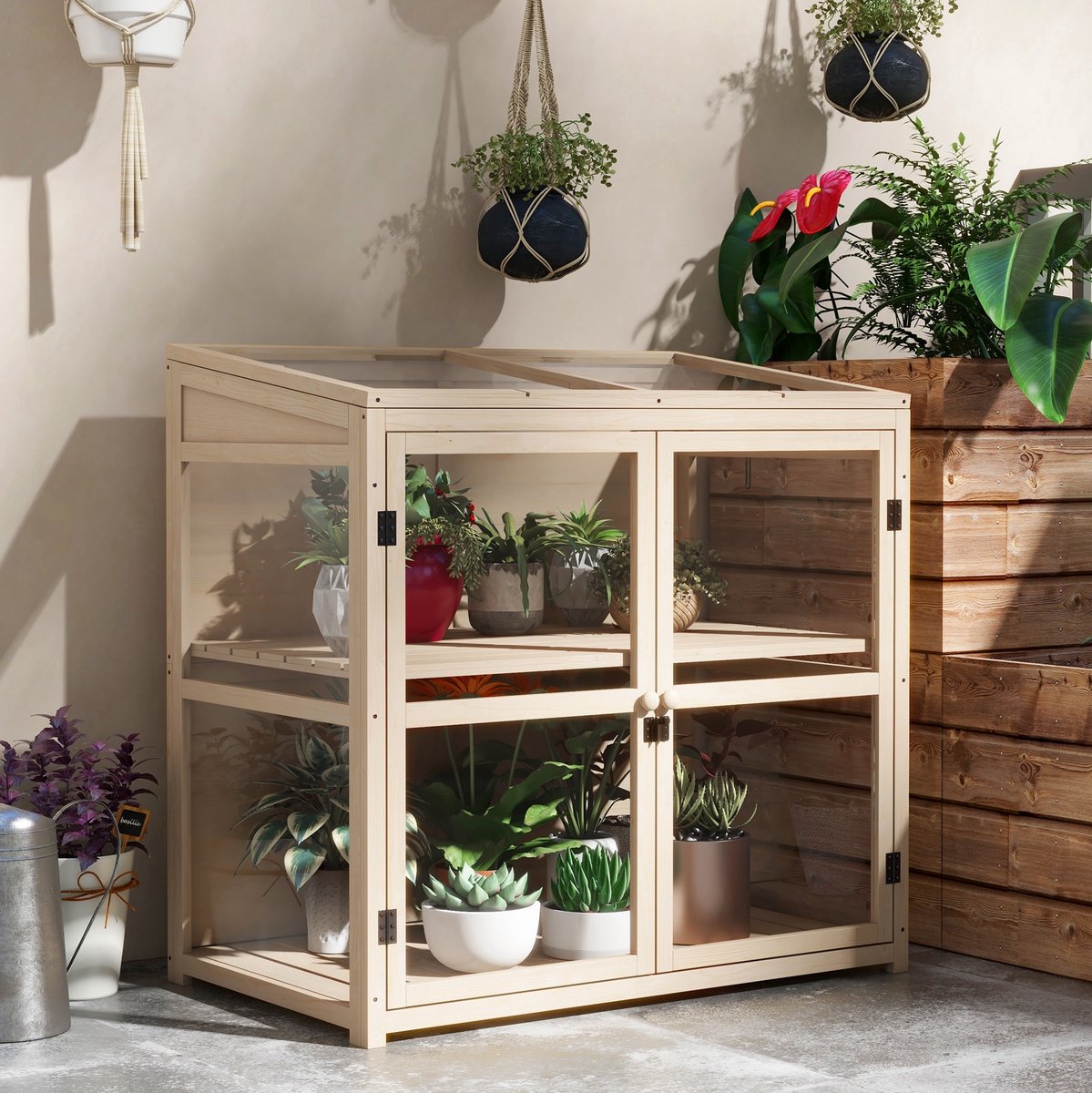 COVREO Kweekkas 103x61x103 cm naturel, houten frame met 2 lagen