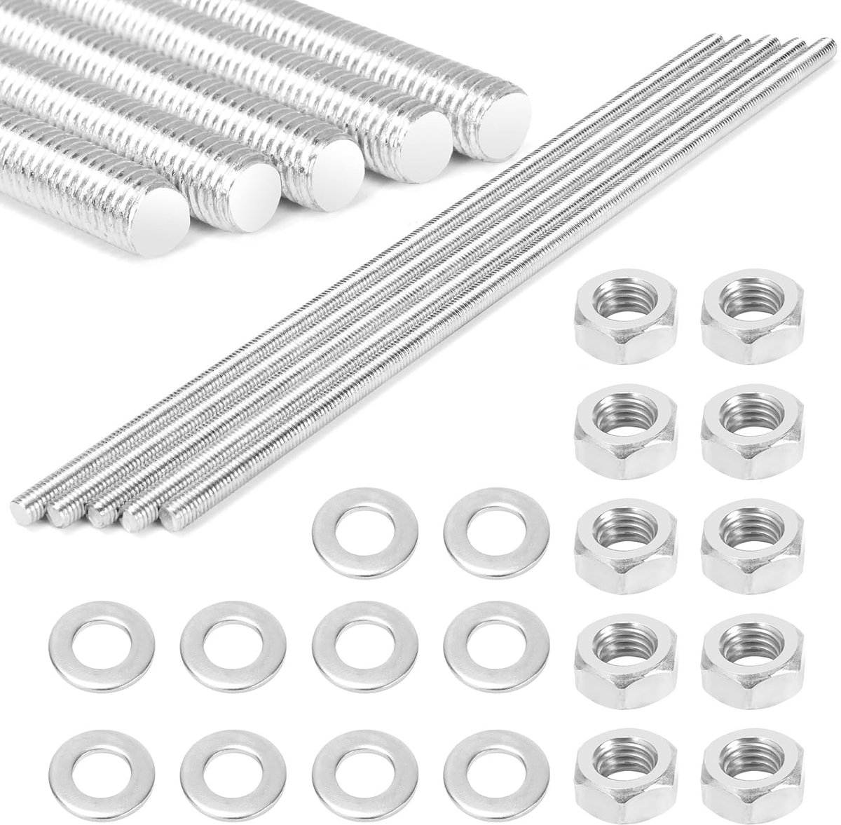 Pack of 5 M8 x 300 mm Threaded Rods M8 with Nuts and Washers, Threaded Rod Galvanized Steel, Wire Bars for Furniture - ShopVlot