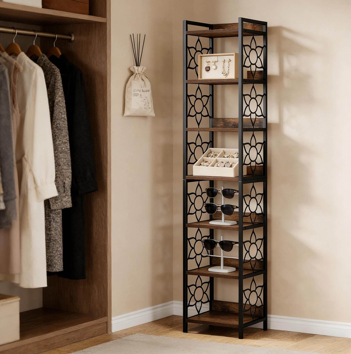 REDOM - Hoekboekenkast - 7 etages - Open opbergrek met zijbescherming en kantelbeveiliging - Industrieel - Woonkamer - MDF en metaal - Zwart en rustiek bruin - 200 x 40 x 34 cm