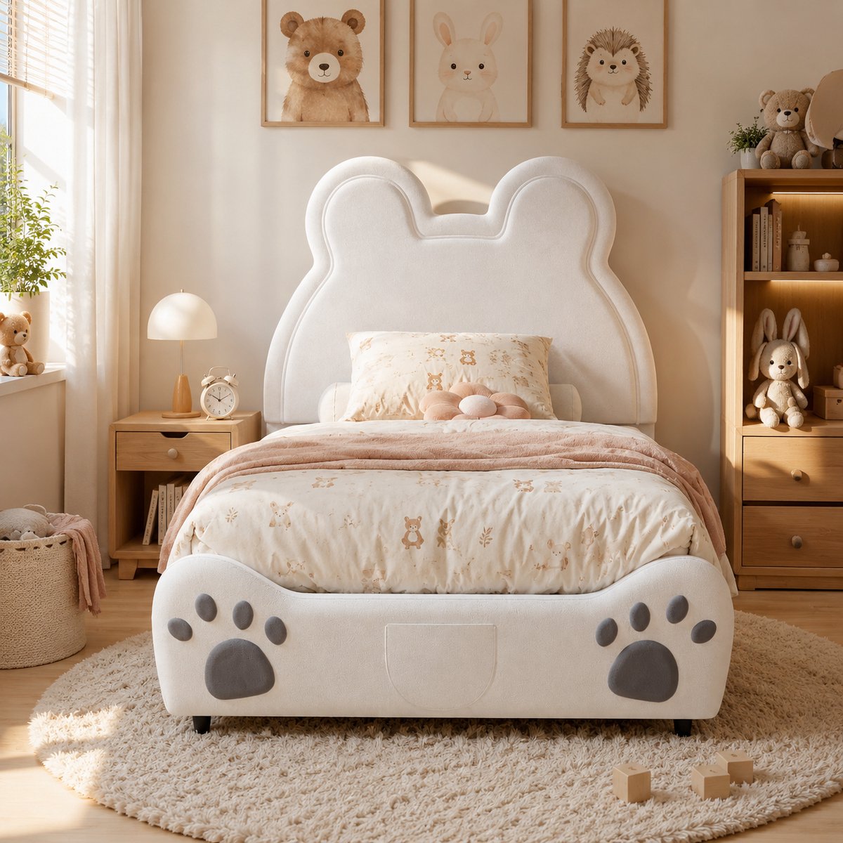 Kinderbed 90x200 cm - Eenpersoonsbed 90x200 cm - Vloerbed - Hoofdbord met berenmotief - Zacht en comfortabel - Fluweelstof - Eenvoudig te monteren - voor Jongens en Meisjes - Wit