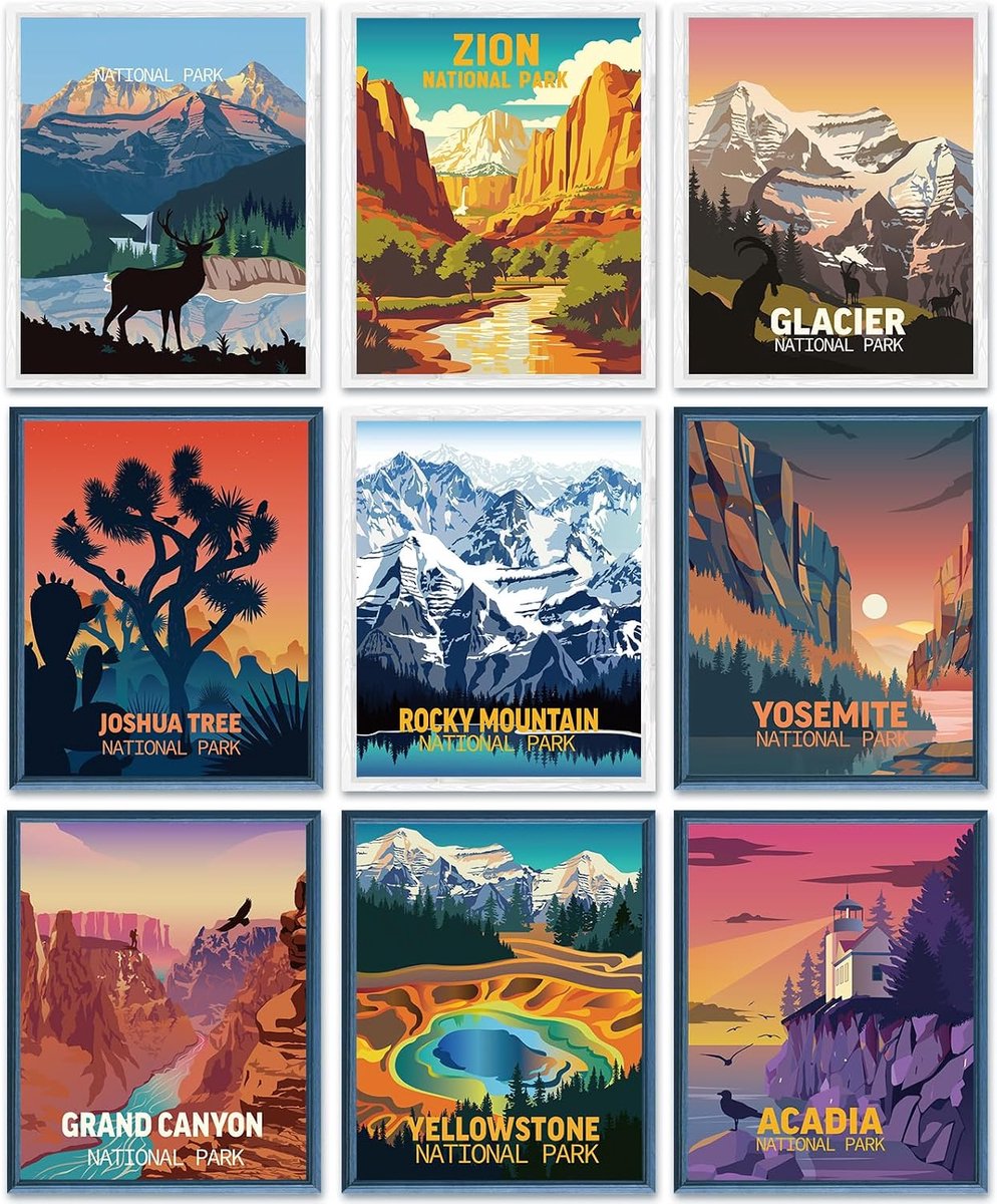 9 stuks oude nationale park posters, nationaal park kunst posters natuur muurkunst en berg poster reizen abstract zonder lijst voor wandelaars woonkamer, 20 x 25 cm