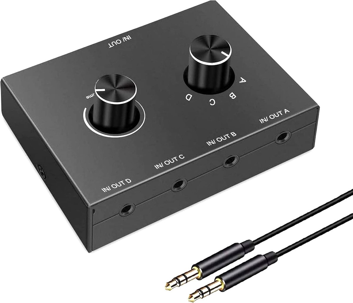 Audio Switch 3.5mm met 4 Poorten - Stereo AUX Schakelaar voor Radio, Telefoon, Luidspreker en PC - 4 Ingangen en 1 Uitgang