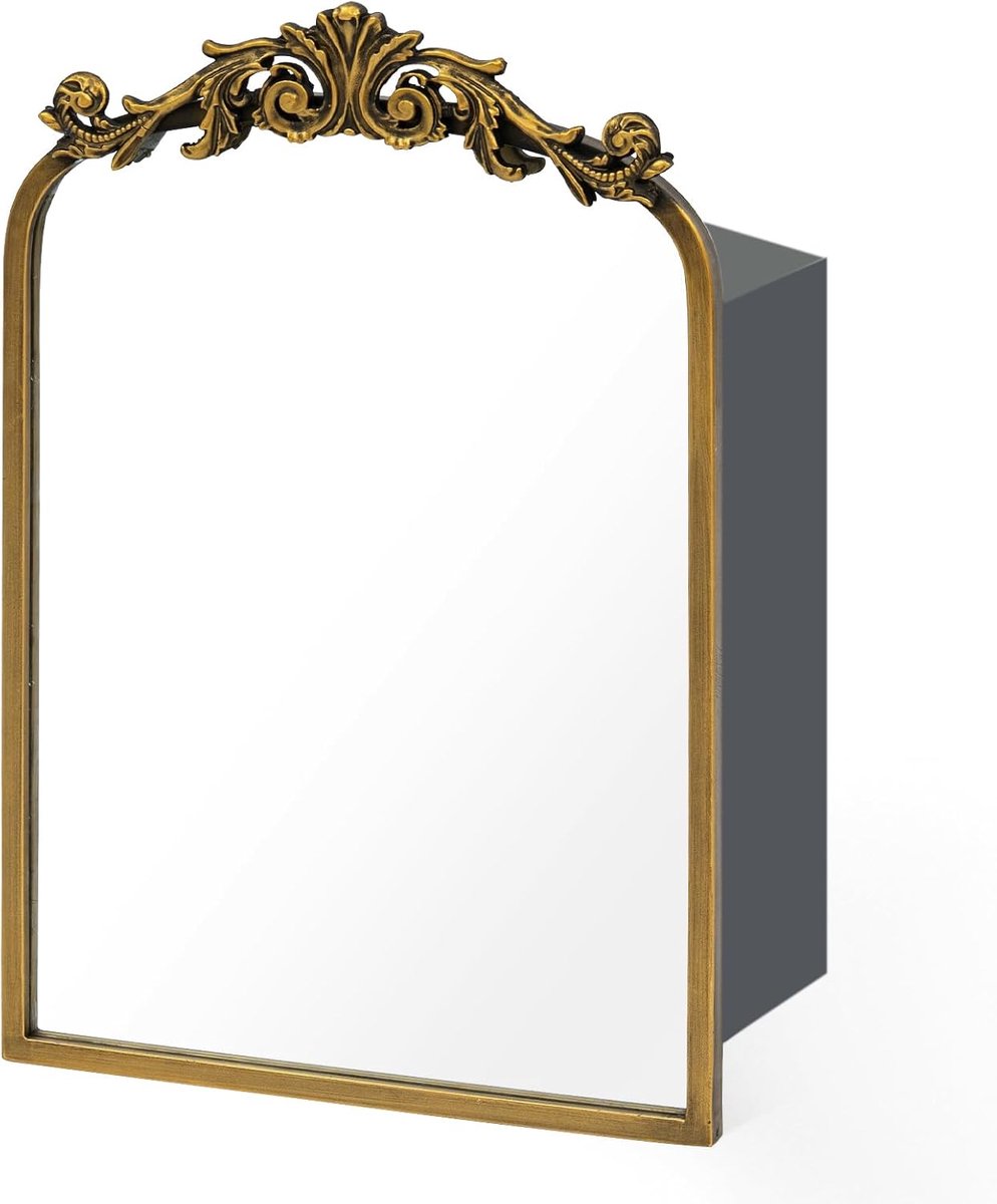SnelShoppen - Antiek Gouden Spiegelkast Barokstijl Vintage Wandkast met Plastic Bloemen 40 x 60 cm IJzeren Frame voor Opslag en Decoratie in de Badkam