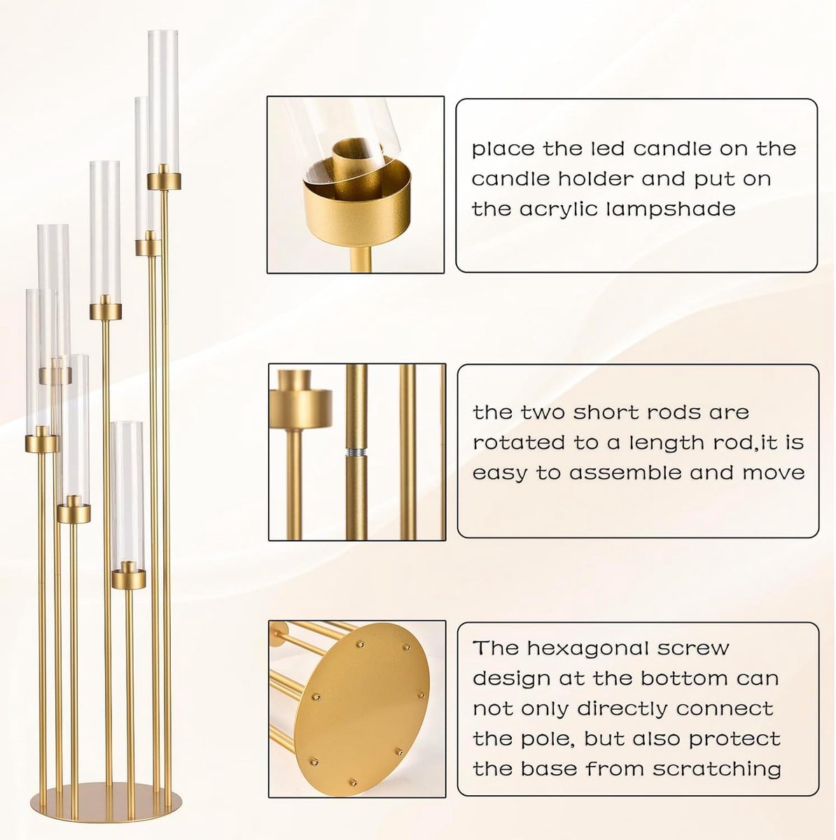 SnelShoppen - 4 Sets Gouden 7 Arm Vloerkandelaar 46.5" Hoge Metalen Kandelaars Met Acryl Lampenkap Voor Bruiloft, Home en Feest Decoratie