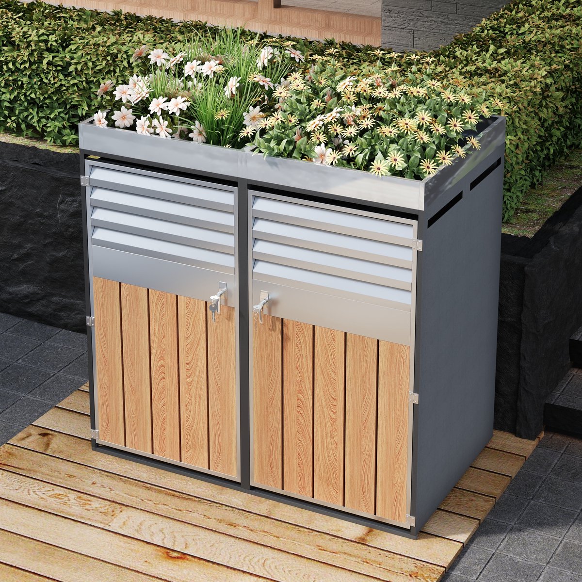 Afvalcontainerberging Met Pflanzbak Voor Vier Containers 132 x 80 x 124 5 Cm Metaal Grijs Met Twee Deuren En Ventilatielamellen