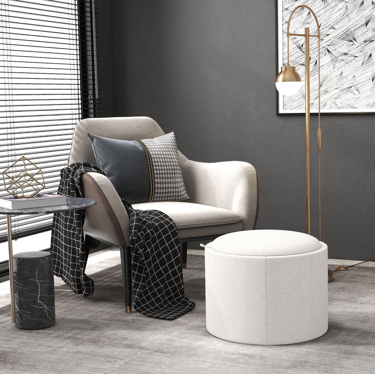 COVREO Ottomane 56 x 56 x 42 cm, cream white, MDF en linnenlook, opbergruimte