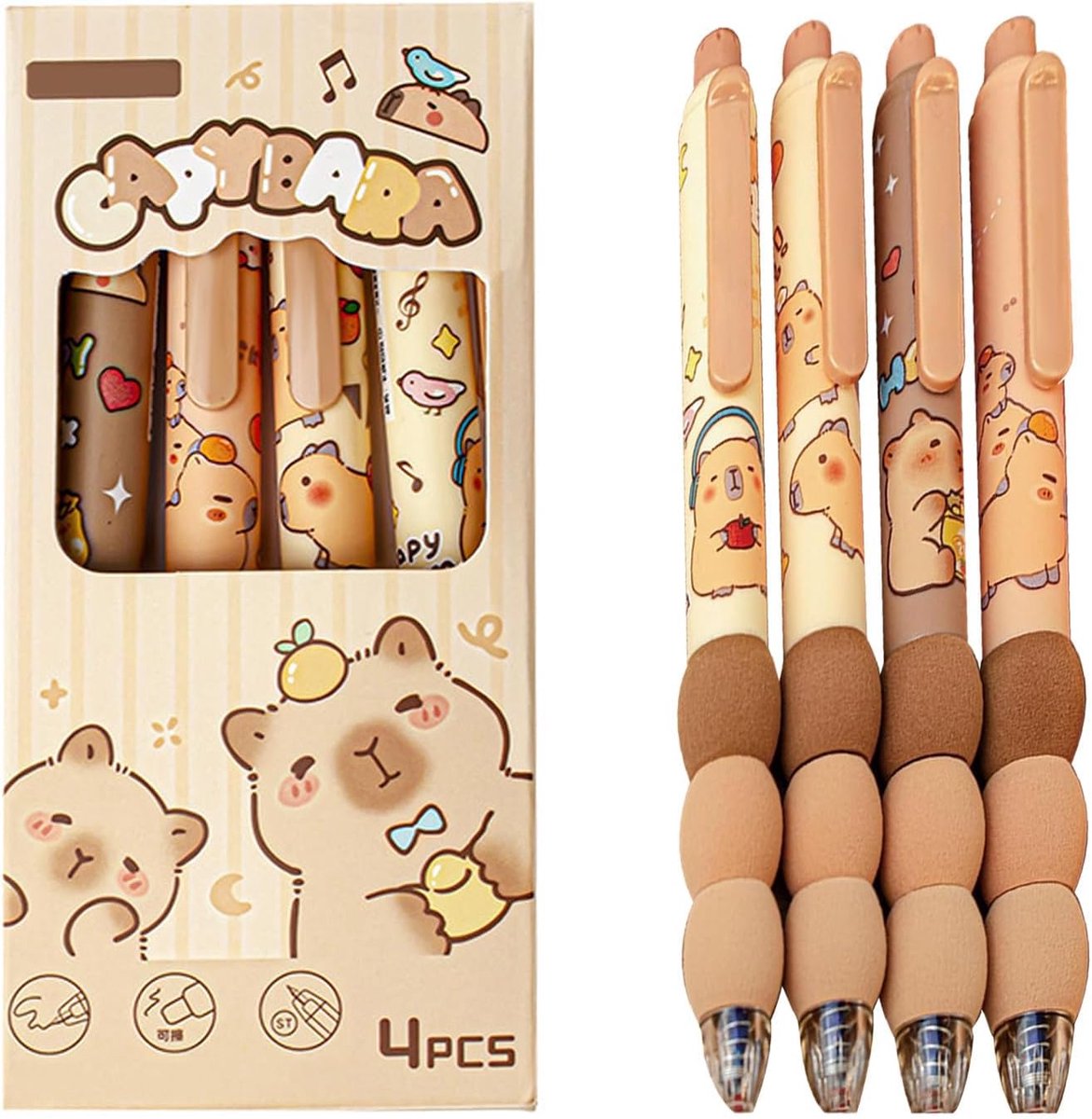 Pennenset uitwisbaar 4 stuks - Kawaii capybara design - Intrekbare balpennen - Perfect voor school en kantoor - ShopVlot