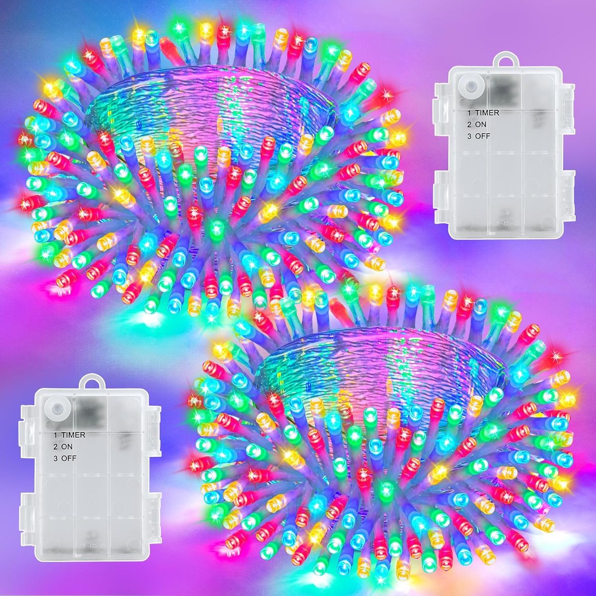 SnelShoppen - 3M 30 LED Sfeerverlichting Buiten Batterij Meerkleurige String Lights met 6 Uur Timer, Verpakking van 2, IP65 Waterdicht, Feestverlichti