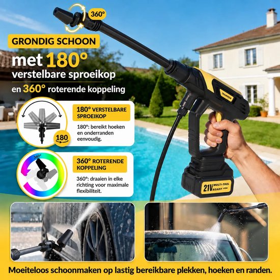 Traumheim® DT Hogedrukreiniger - Accu hogedrukreiniger - met verlengstang - 68 bar - 240 l/u - 5m waterslang - 400 W - 2×4000 mAh van Traumheim — afbeelding 2
