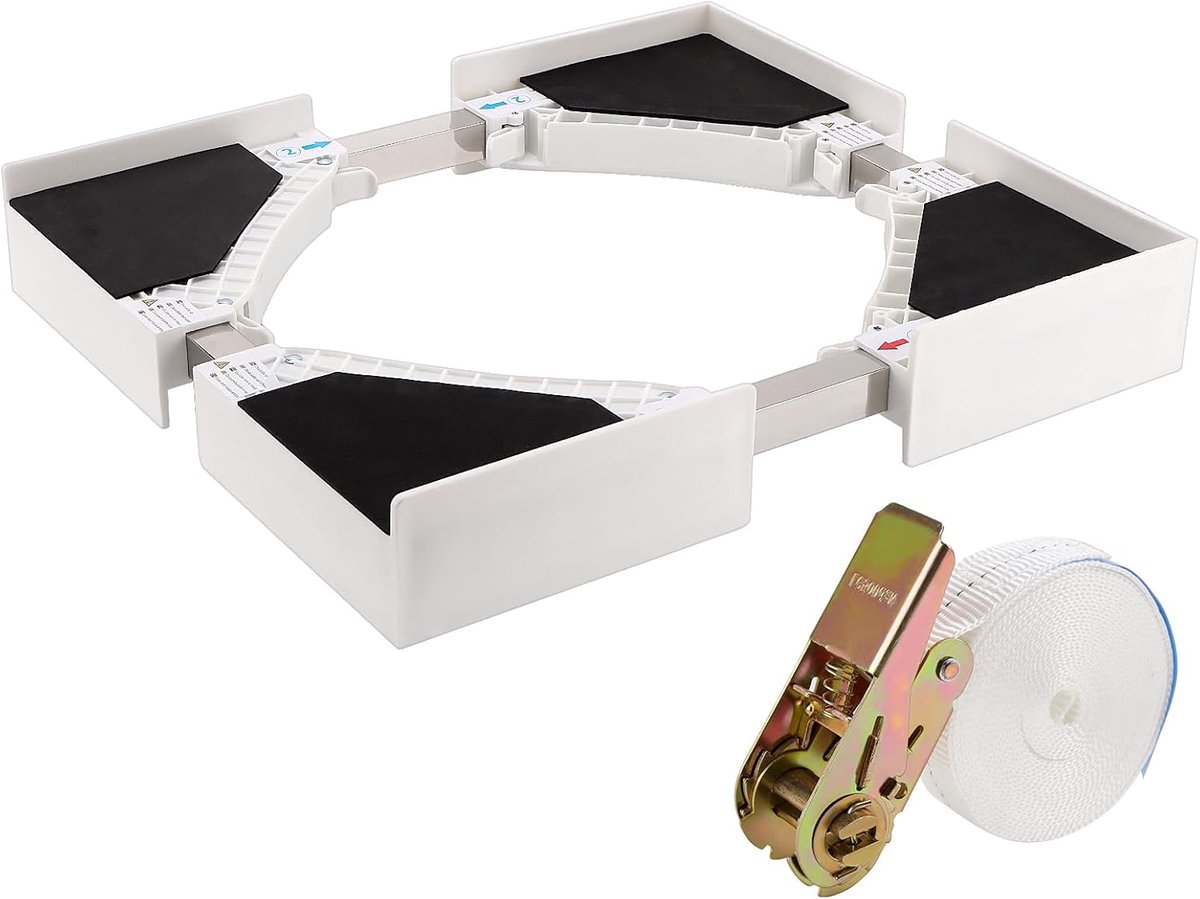 SnelShoppen - Universeel Verbindingsframeset Wasmachine Droger, Verstelbaar Tussenbouwframe 50-70 cm, Wit, Hoogwaardige Kunststof, Met Rateltouw en An