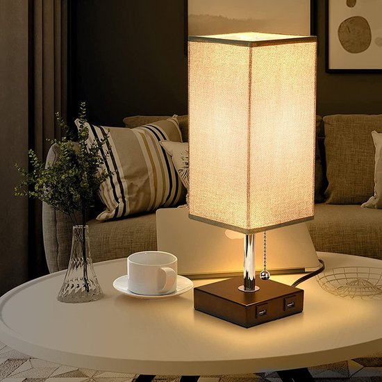 Slaapkamerlamp - Nachtlampje - Leeslamp - Vierkante grijze stoffen nachtlamp - Met twee USB-oplaadpoorten - Geschikt voor slaapkamers, kantoren, logeerkamers en kinderkamers - Grijs — afbeelding 4