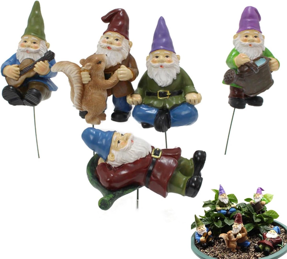 Tuinkabouter beeldjes 5 stuks - Hars figuren - Leuke dwergen voor buiten - Verfraai je tuin - SnelShoppen