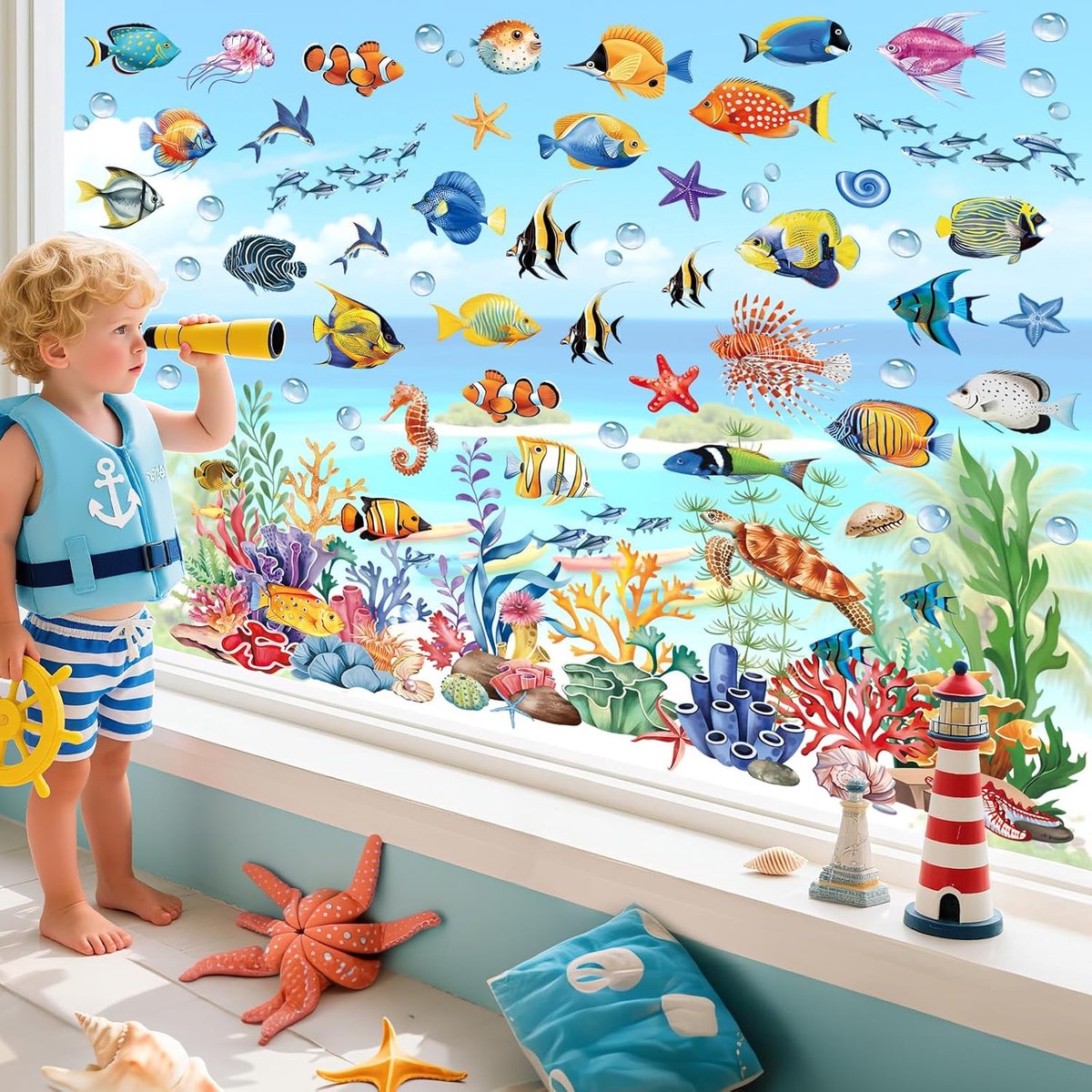 Raamstickers vissen - Dubbelzijdig PVC - Tropische zeedieren - Makkelijk te bevestigen - SnelShoppen