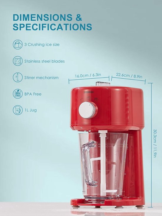 Slush IJsmaker - 3 Standen - RVS Messen - Automatische Roerder - BPA-Vrij - Grof & Fijn Ijs - Veiligheidssluiting - Rood — afbeelding 4