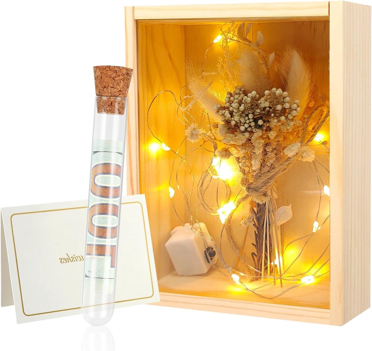 Unieke Geldcadeau voor Bruidspaar, Houten Doos, Gedroogde Bloemen, Testbuis, Wenskaart en Creatieve Verpakking
