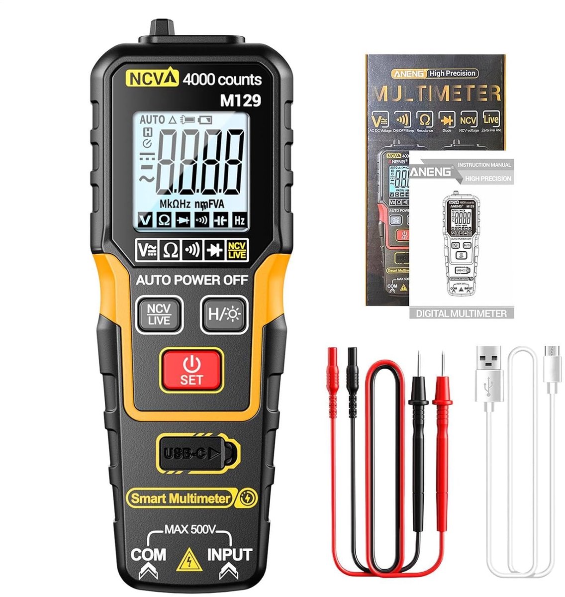 Digitale Multimeter - Stroomtester Tester - Elektriciteit Meten - Intelligente Auto-ranging - 4000 Counts - Geel