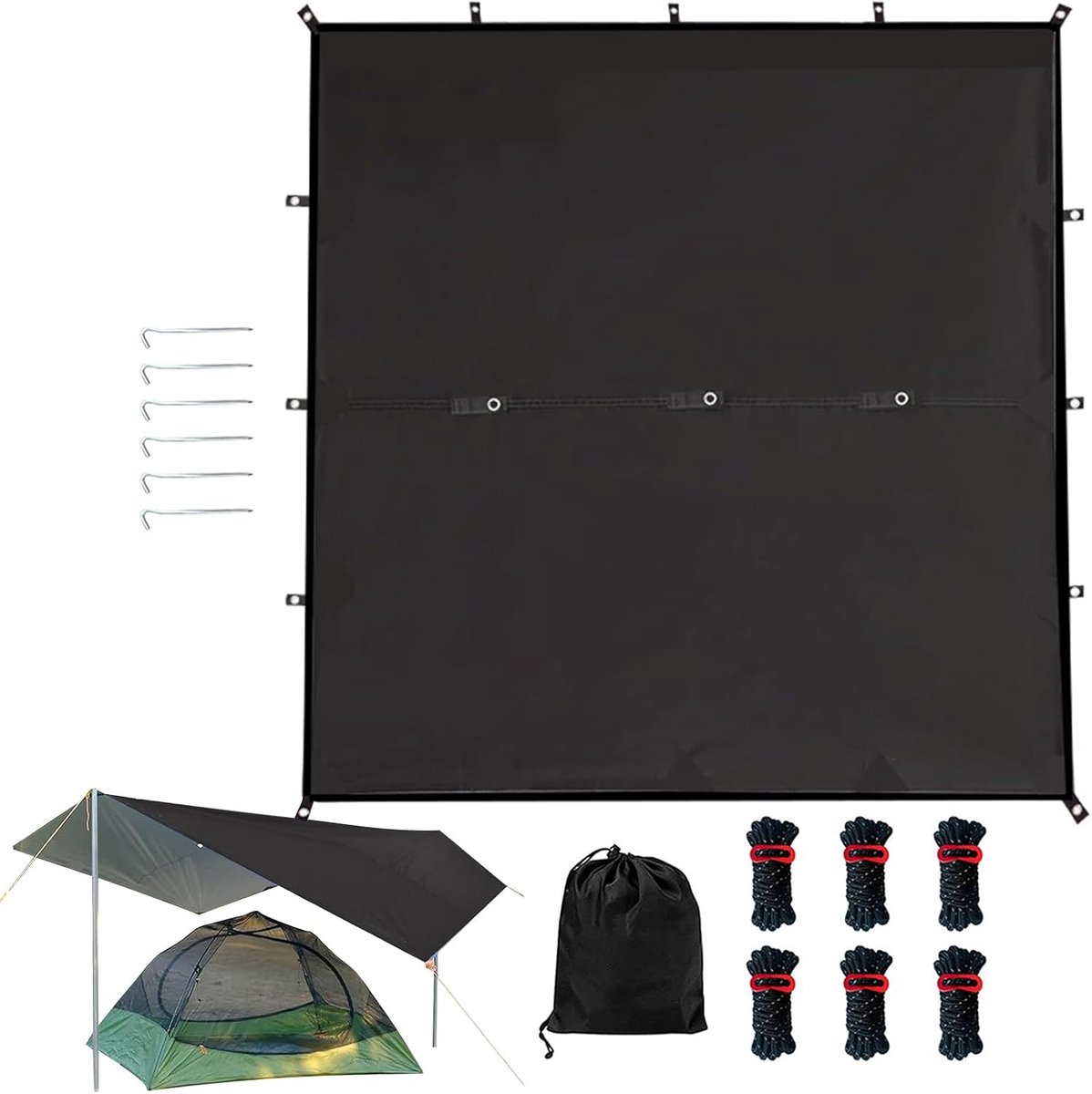 Camping Tarp - Kampeerzeil Buiten - Bescherming tegen Weer - UV-werende Coating - 305 x 292 cm - Zwart