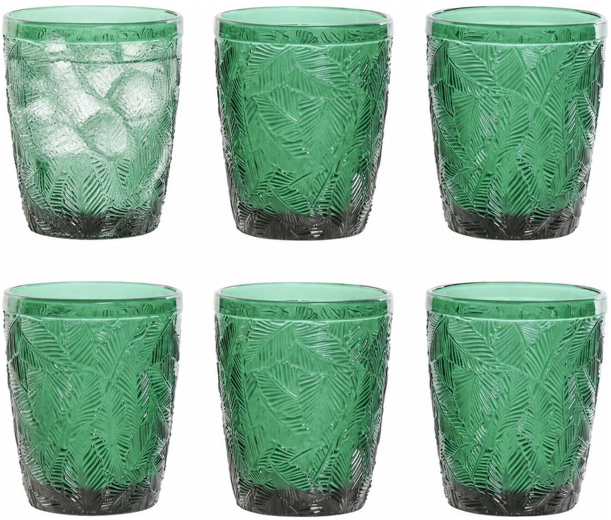 Vivalto Drinkglazen Tropical Palms - waterglazen - groen transparant - glas - set 6x stuks - 300 ml - stapelbaar