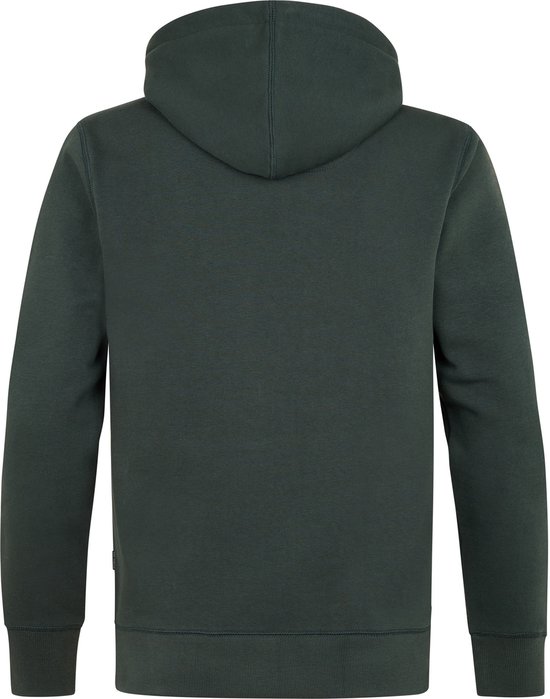 Donkergroene hoodie met lange mouwen, gezien vanaf de achterkant.