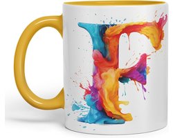 Letter F Mok - Initiaal Mok Koffiemok - Koffie Drinken - Waterverf Monogram Design - 330 ml - Geel
