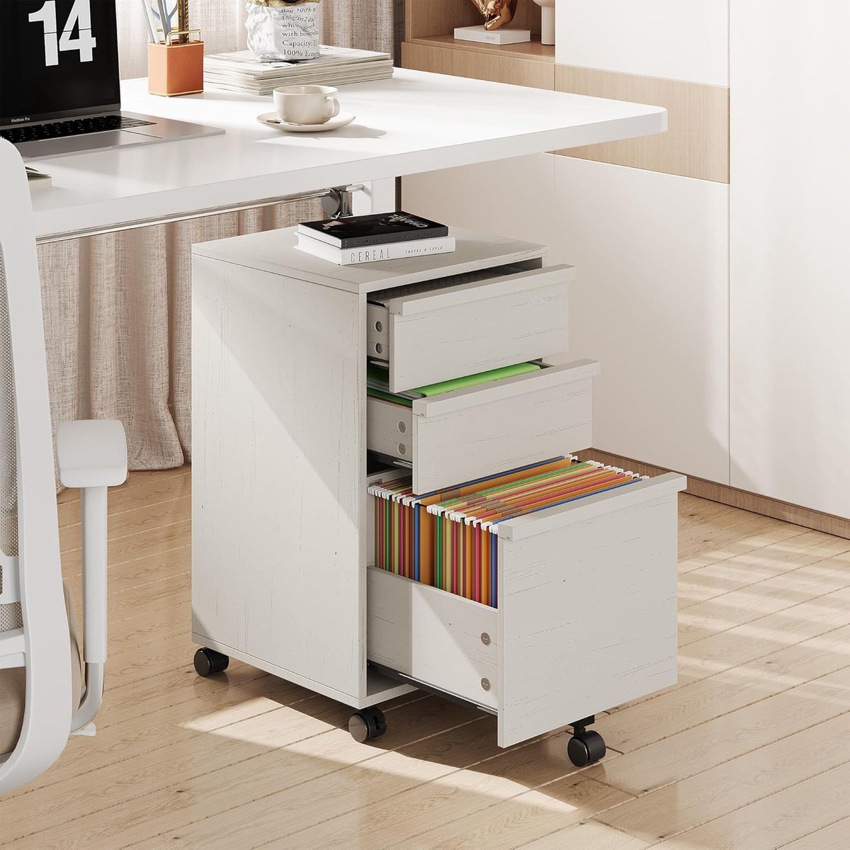 Verrijdbare archiefkast met 3 lades, houten verrijdbare archiefkast voor thuiskantoor, printerrek voor onder het bureau met wieltjes, grote archieflade, 2 vergrendelbare zwenkwielen, Wit