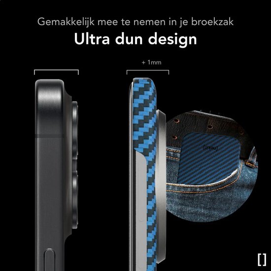 Dunnheid van de hoes vergeleken met een telefoon, past in broekzak. Blauw geruit patroon.