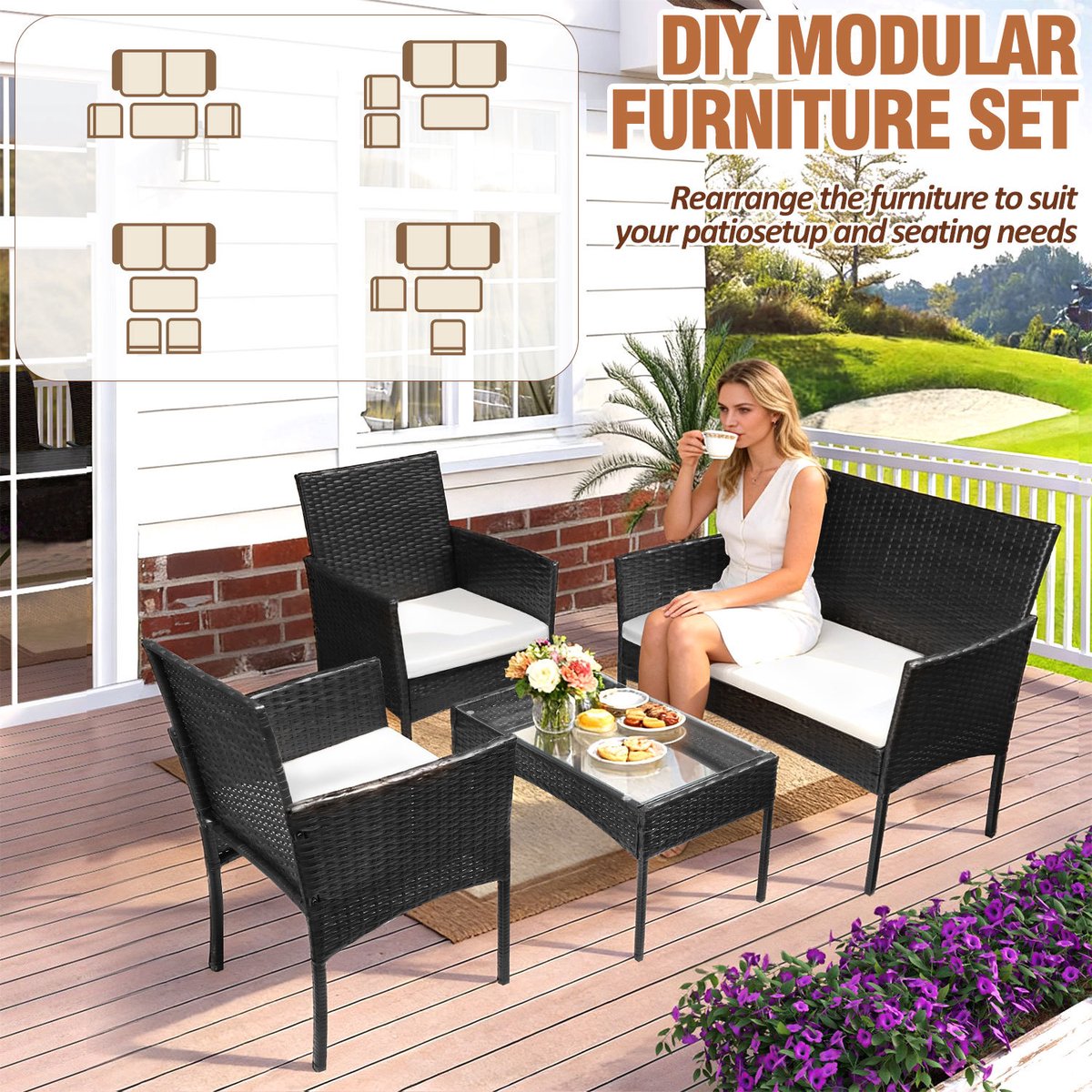 DRAKUS SP. Z O.O. Zitgroep Tuinset 4-delig van PE rotan met 2 fauteuils, 2-zitsbank en glazen tafel voor balkon en terras thumbnail 4