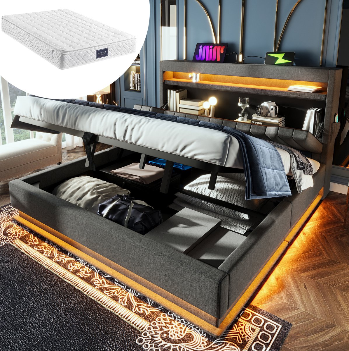 COVREO Gestoffeerd tweepersoonsbed van 160x200 cm met hoofdbord voorzien van opbergruimte, USB- en Type-C-aansluitingen, ledverlichting aan zowel het hoofd- als voeteneinde, hydraulische opbergruimte, grijs, linnen stof, inclusief matras. Gray