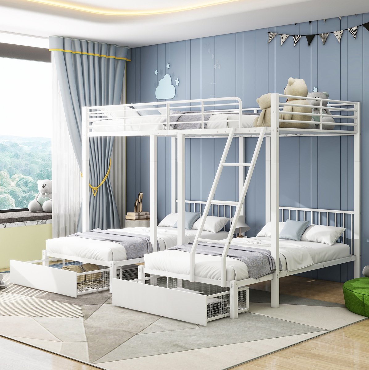 Een drielaags bed met lades, een metalen frame, om te bouwen tot een tweepersoonsbed van 140 x 200 mm en twee eenpersoonsbedden van 90 x 200 mm. Multifunctioneel metalen bedframe, wit.