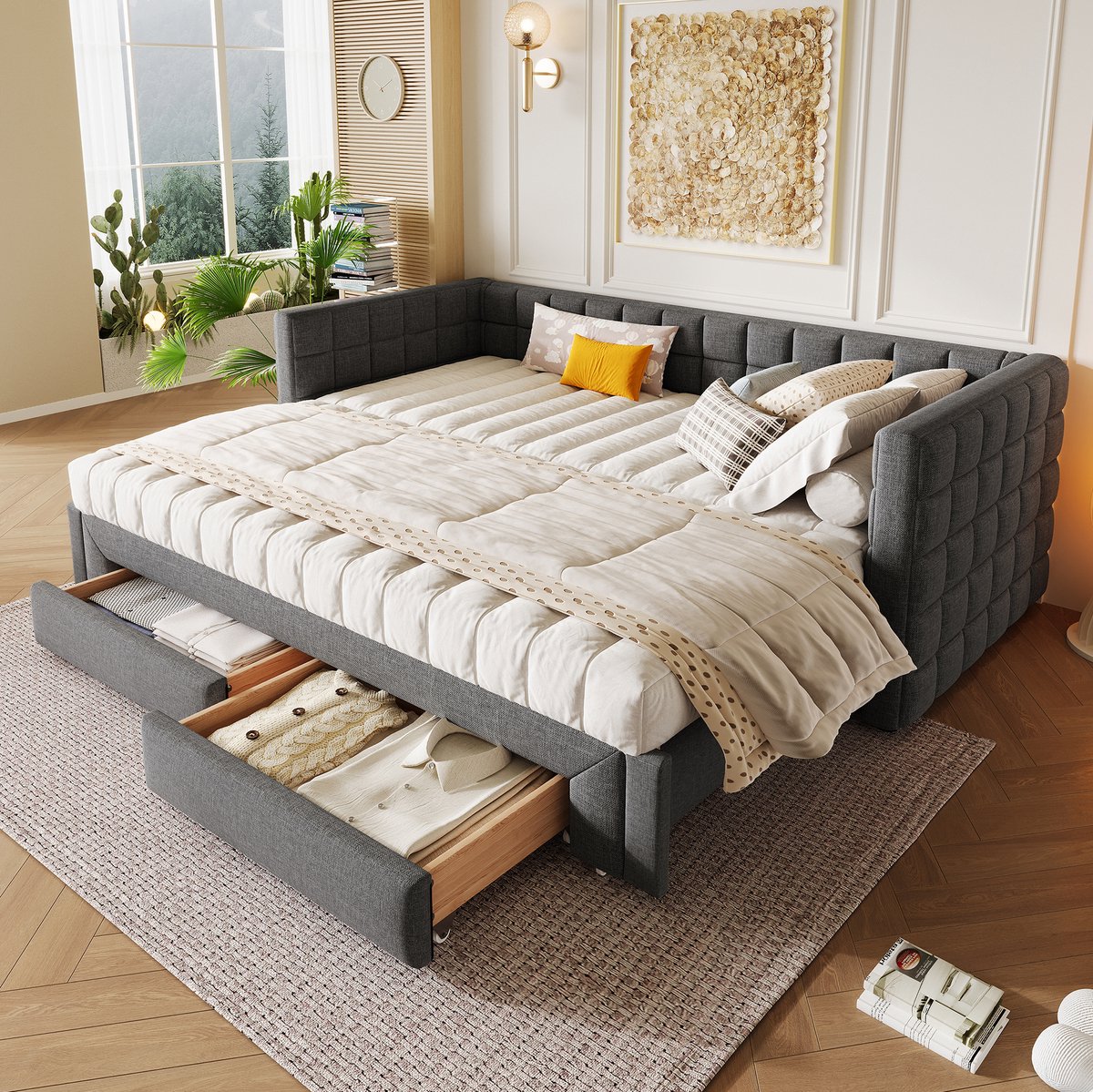 COVREO Bed 90x200 cm grijs stof en MDF met 2 lades zonder matras