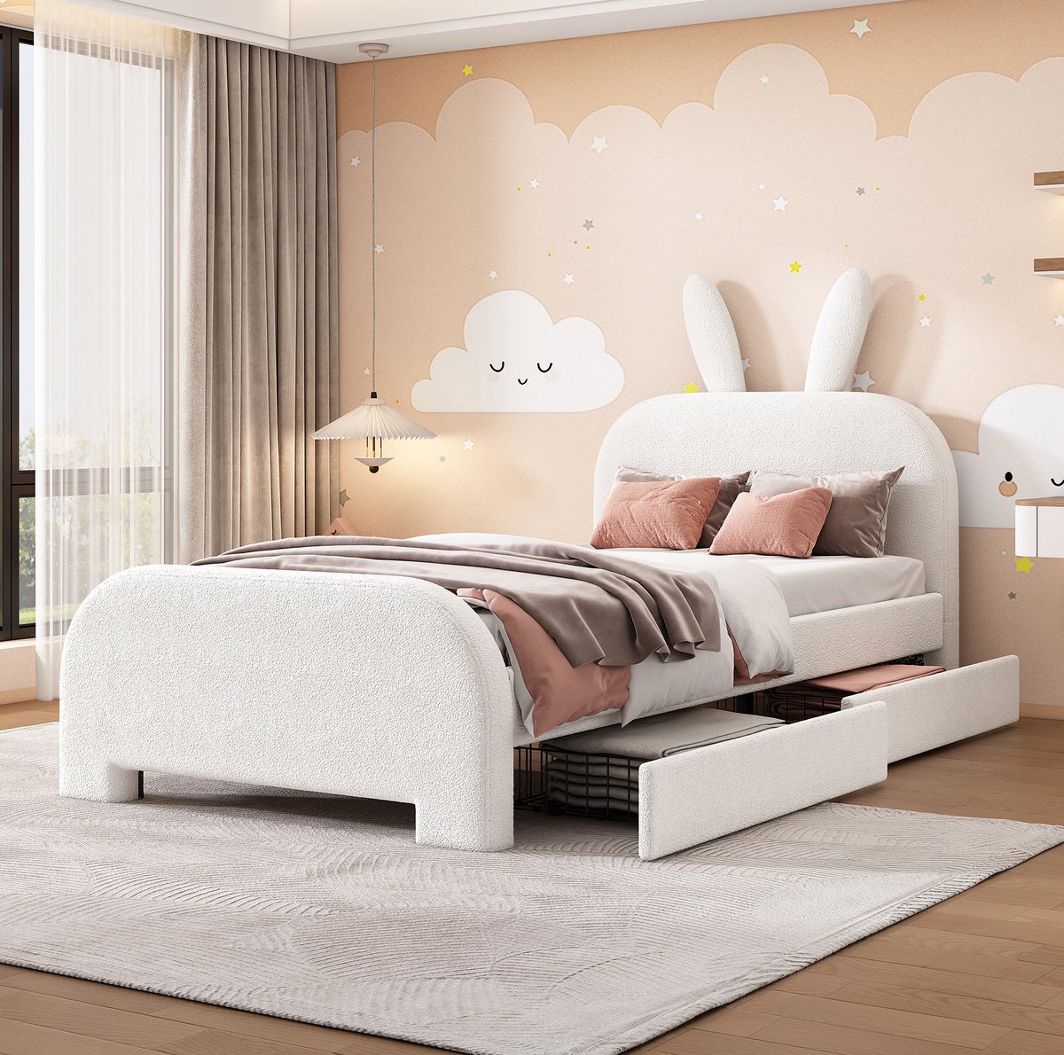 COVREO Kinderbed met 2 bedlades – 90x200 cm – Bedframe met konijnenvorm en soft pack – voor kinderen – Wit - zonder matras