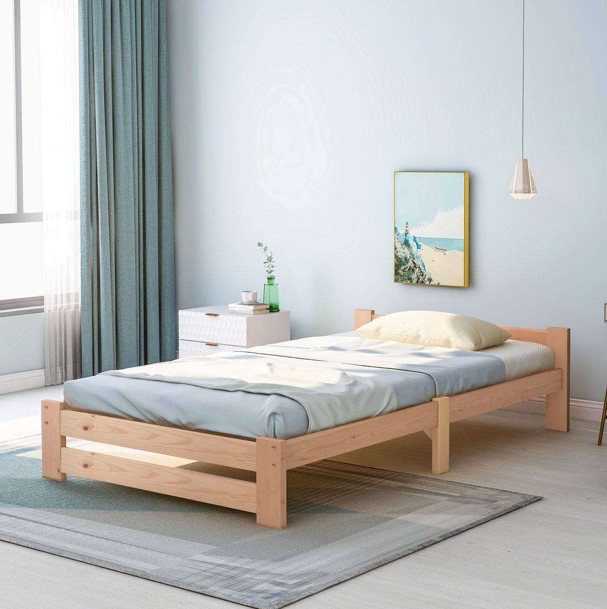 Massief houten opklapbed, naturel houten bed, met hoofdbord en lattenbodem, naturel houtkleur (200x90 cm)