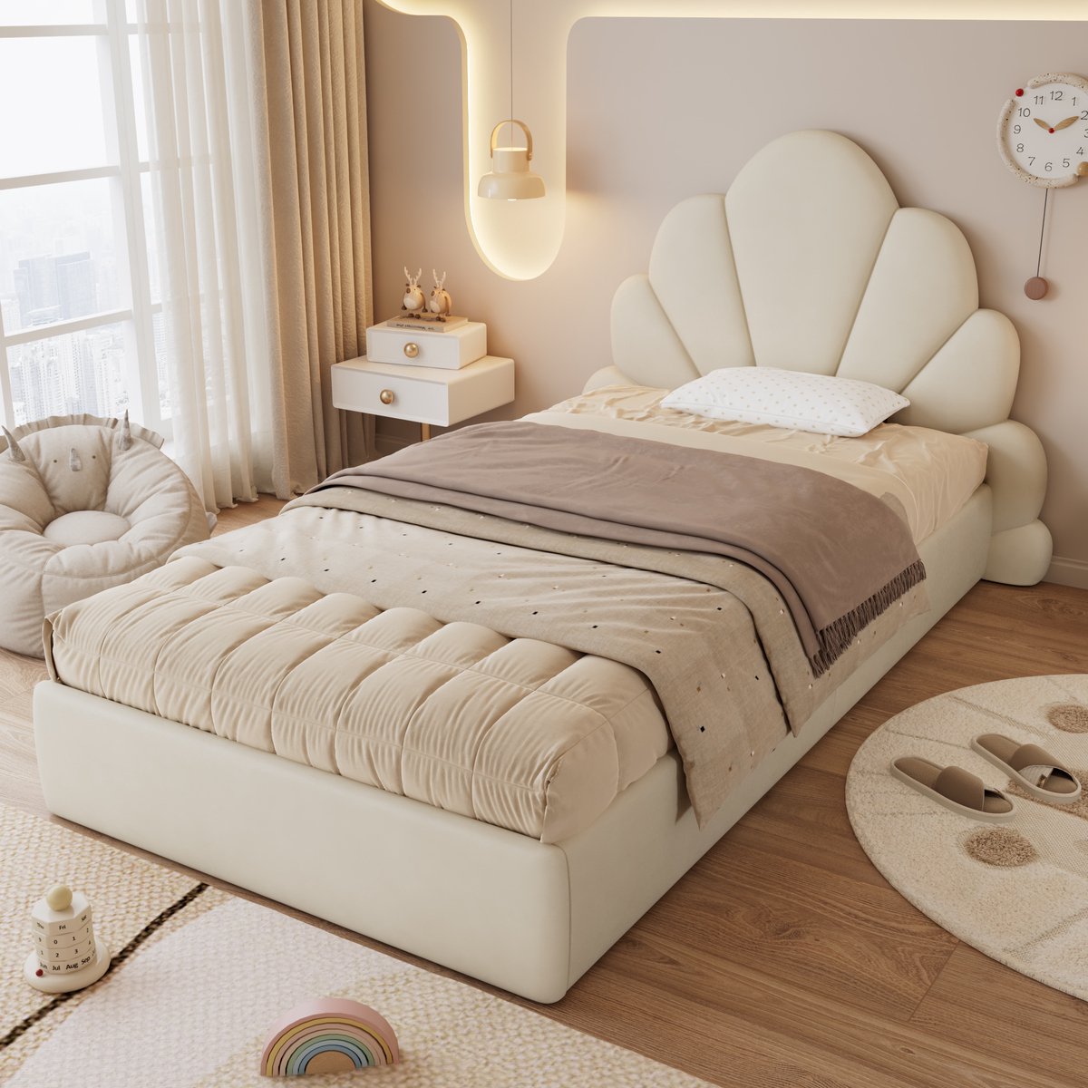 COVREO Eenpersoons bed 90x200 cm – beige stof, bloemvormig hoofdbord, lattenbodem inbegrepen