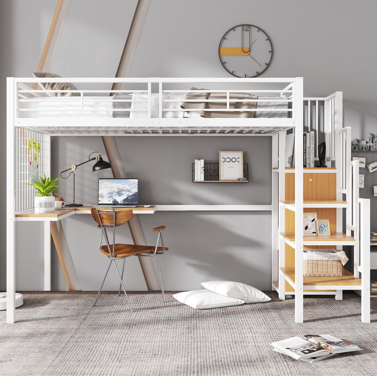 Smeedijzeren bed, stapelbed, hoogslaper, geschikt voor kinderen en tieners, met tafel en kledingkast, zijladder met leuning, smeedijzer + spaanplaat, wit + naturel houtkleur, 90x200 cm