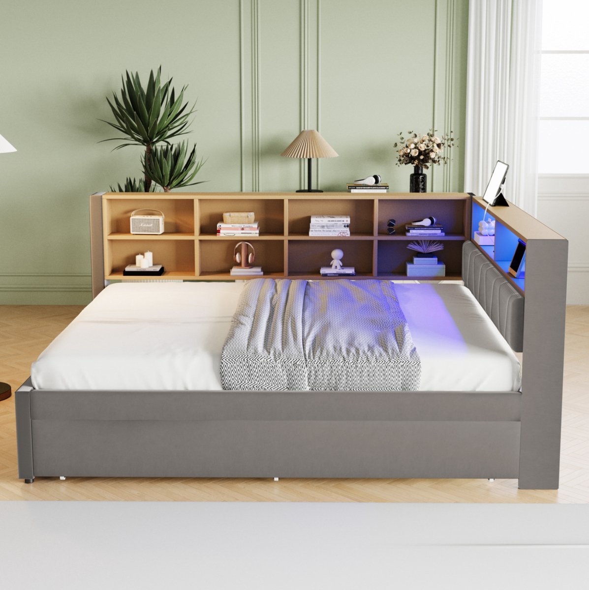 COVREO Bed 140x200 cm donkergrijs met uitschuifbed zonder matras