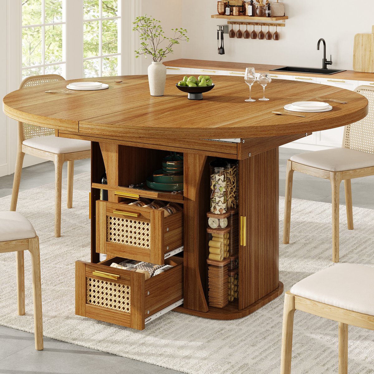 OKWISH Uitschuifbare Eettafel – Met Opberglades – Voor Eetkamer En Keuken – MDF Eikenlook – 118-158 x 118 x 77,1 cm