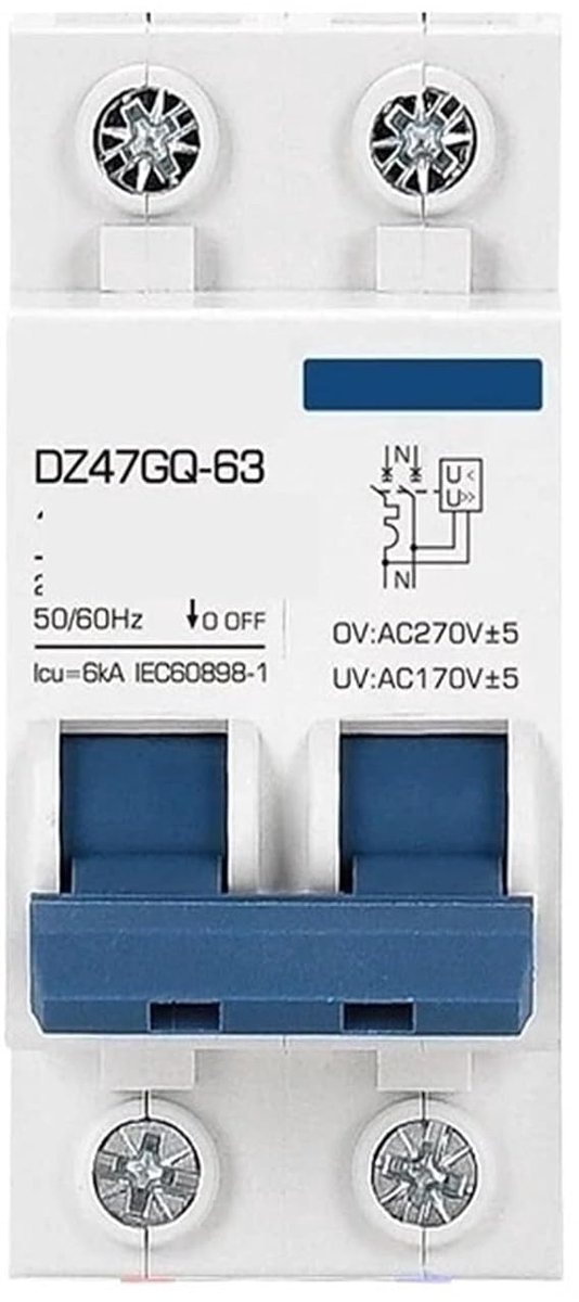 Stroomonderbreker - Veiligheidsschakelaar - Elektrische Beveiliging - Over en onderspanning - 25A - Grijs