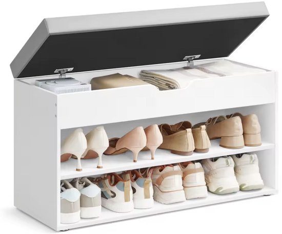 J&R Schoenenbank met Zitkussen – Schoenenrek met Opbergruimte – 3 Niveaus – Wit/Grijs – 80 x 30 x 44 cm