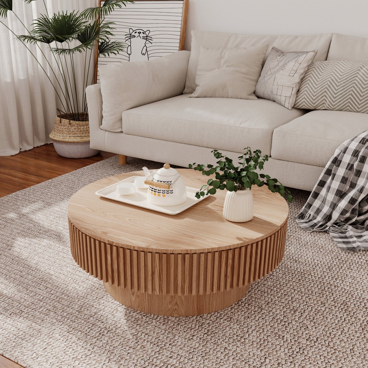 FloraGrace Salontafel - Rond Met Verborgen Opbergruimte - Geribbeld Design Voor Woonkamer En Slaapkamer - Hout - 75 Cm - Naturel