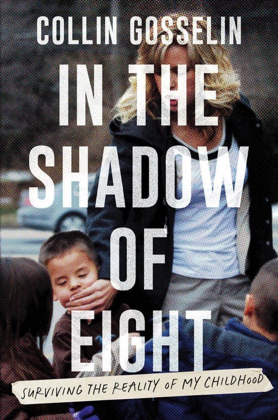 Boekomslag van 'In The Shadow Of Eight' met een vrouw en kinderen op de voorgrond. De titel is groot en wit weergegeven.
